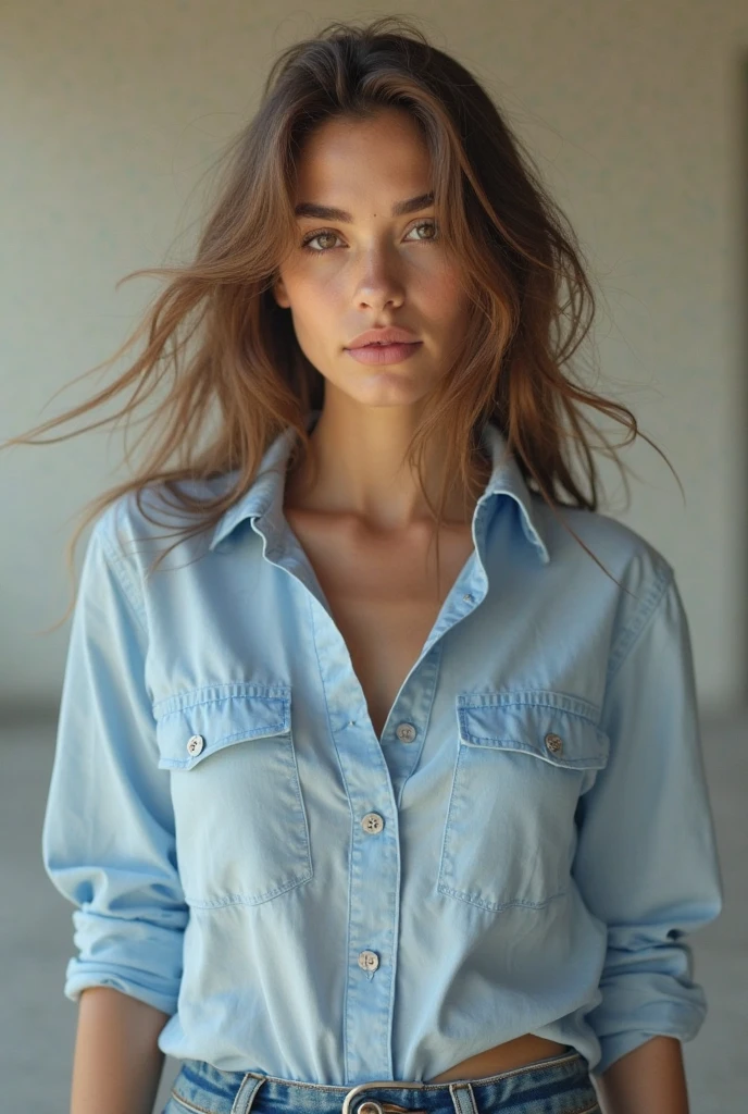 Real photos of beautiful 4m4nd4s-v2 women,1girl, solo, brown hair, shirt, blue background, tied shirt, realistic, hand in pocket, brown eyes, looking at viewer, blue shirt, long hair, pants, midriff, white pants, simple background, lips, cowboy shotrealistic, arrow (projectile),  long hair, braid, lips,  blue eyes,  looking afar, portrait, nose,actual, soft light, Professional photography, Photoactual, detailed, raw, simulation, sharp focus, 8K, HD, DSLR camera, high quality, Fuji XT3, film grain, Award-winning, masterpiece
﻿