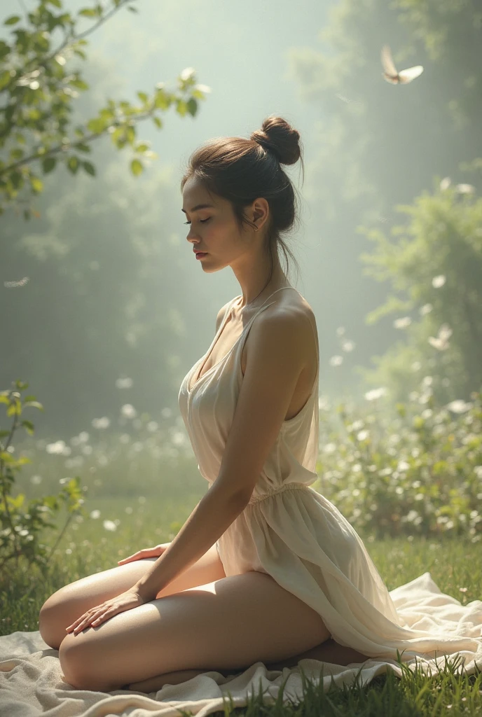 (best quality,8k,ultra-detailed,realistic:1.37),god creating man from soil,surreal photo,fujifilm xt3,outdoor,good lighting,raw photo,film grain,unreal engine 5,ray trace,concept artists,Goddess-like woman full body, (Artistic Nudity and Covering),landscape,human creation,smiling, feminin pose, long hair, divine touch,transcendence,charm,powerful presence,strong figure,wisdom in the eyes,,,harmony with nature,peaceful surroundings,ethereal beauty,sublime atmosphere,brilliant colors,dreamlike quality,otherworldly perspective,subtle textures,surreal elements,mysterious atmosphere,vibrant details,supreme artistry,awe-inspiring masterpiece,luminous highlights,illuminating shadows,mesmerizing composition,transcendent realms,spiritual journey,sacred transformation
