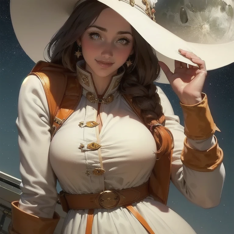 (masuter piece, Best Quality:1.2), cowboy shot, Solo, 1girl in, Cheryl Nome, Smile, Closed mouth, Looking at Viewer, straplessdress, corsets, layered skirts, thighs thighs thighs thighs, Bare shoulders, Outer space, Star (skyporn)