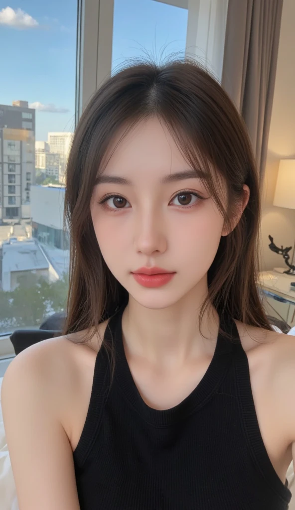 (((32K,very high resolution, high detail, very accurate,masterpiece girl 1))),RAW photo & realistic atmosphere,japanese 18 year old girl,beautiful dark blue eyes,detailed mouth,glossy lips,fine eyebrows,Soft white skin that shines in every detail,,detailed eyes、korean idol,Young sensual idols,Moist eyes,,Beautifully shaped breasts,very cute beautiful girl, 超A high resolution、white slip、on the hotel bed, half-open duck mouth, whole body, Cowgirl