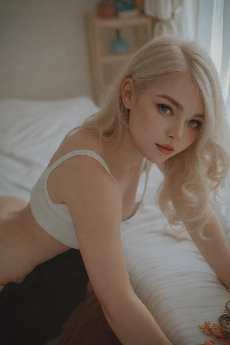 A young woman with dyed blonde hair, wearing a short skirt, lying on her stomach in the bedroom, sexy legs, sexy breasts, detailed eyes, luscious lips, (best quality, 8k, high resolution, masterpiece: 1.4) gerçekçi kamera çekimi