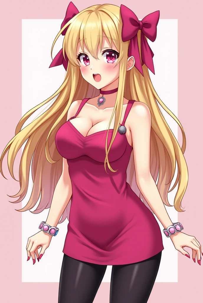 (leaning over:1.4), (masterpiece:1.2, best quality), (real picture, intricate details), 1girl, solo, absurdres, cowboy shot, standing, outdoors, :3, smile, bear girl, bear ears, ((light pink dress)), frills, very detailed dress, white thighhighs, platinum blonde hair, gray blue eyes, long hair, ((red)) strawberry choker, smile, open mouth, one fang, large breasts, cleavage, sleeveless dress, arms behind back,
