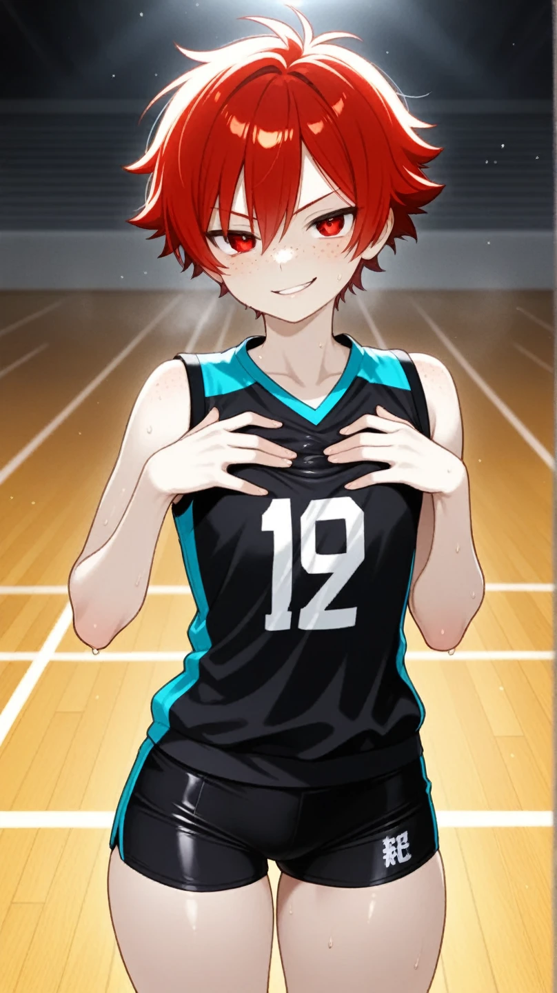 Full boy picture, whole body, cute young boy shota wearing a tight boy one piece swimsuit, for boy, rabit ears, headband, pink hairs, shy look, childish face paint