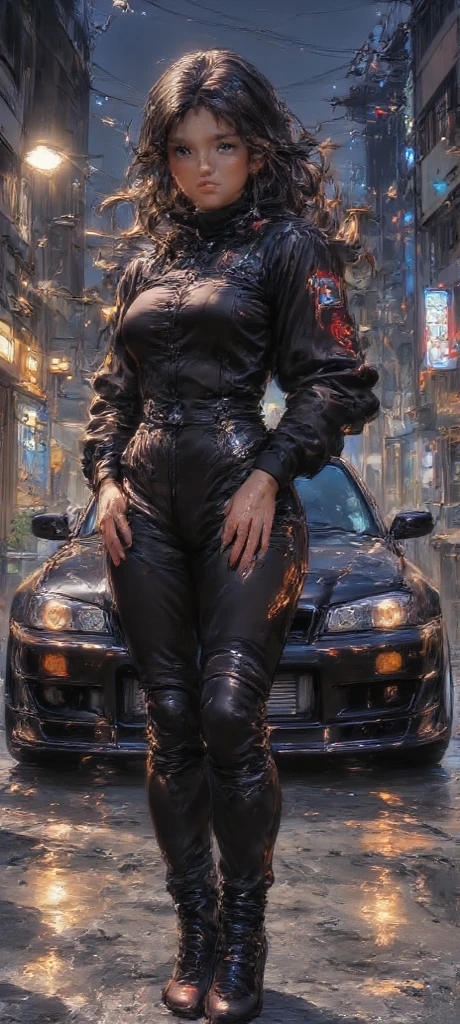 araffe sitting on the hood of a yellow sports car, james gurney painting style, cyberpunk 2 0 y. o model girl, cyberpunk art ultrarealistic 8k, karol bak uhd, cyberpunk art style, octane cgsociety, cgsociety and fenghua zhong, trending on artstation 4k, octane trending on cgsociety