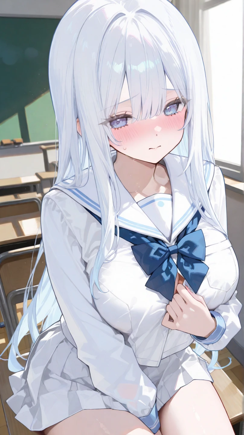 cute girl, アニメ, silver hair, straight hair, Blue eyes, indoor, small bust, (o-face:1.1), (shy:1.2), orgasm, (white school uniform:1.1), blue skirt,