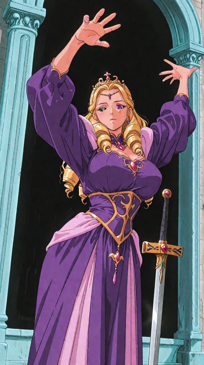 masterpiece, 1girl, Kuramitsu mihoshi, brown hair, dark skin, wizard robes, holding staff, smiling, blush, castle, brick floor, medieval, dust, fog, sunny, clouds, s, walking, full body, huge breast, thicc, blue eyes, priestess