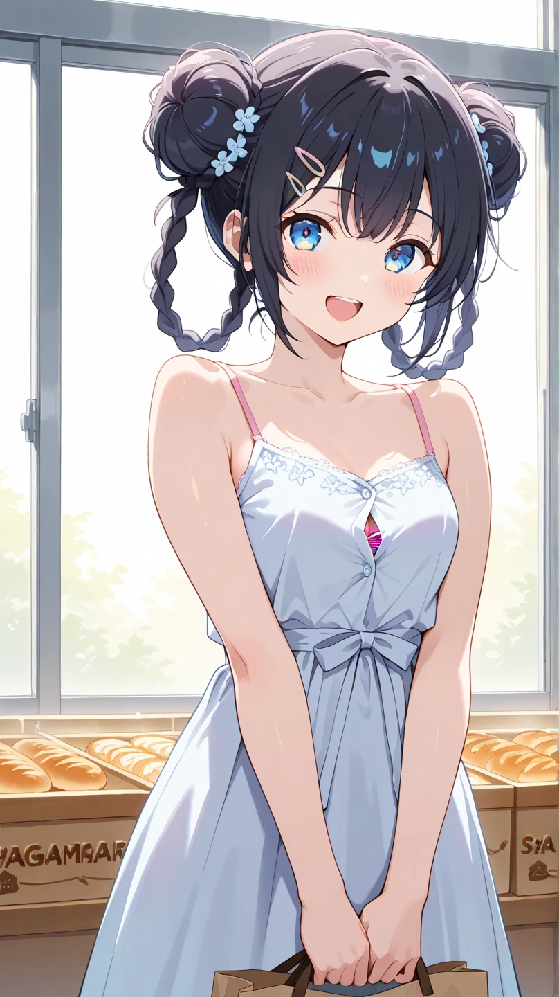 1boy and 1girl, Angle from the front、(((close up 
breasts))), (The gap between the camisole and the chest)、(手で小さい胸を寄せる)、The girl bends forward to show off her breasts、((seductive evil grin)), (10 years old girl), Cute hair clip、Small breasts, Camisole、In the corner of the kitchen、((paizuri)), 1penis, eject cum, cum to breasts