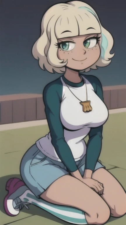 A cute big breasted sexy woman beautiful ash blonde hair round short messy cut her slanted orange eye wears a white blouse under a simple purple shirt and a tight black skirt black heels