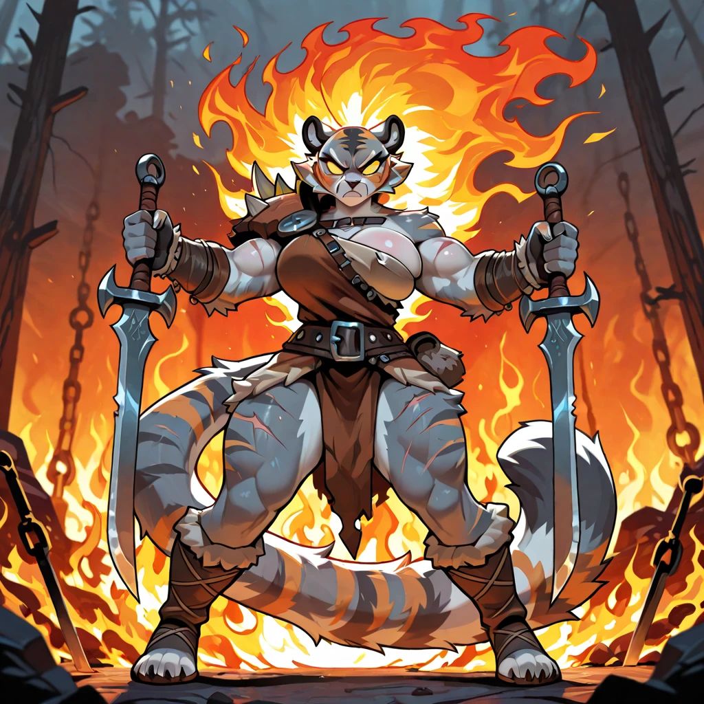 A Walrus Monster girl with gray-blue fur and orange shaggy fur covering feet hands and head with a spiked horn a dark-green spiked shell and wearing orange furs with brown belt-bands and wielding a large war-hammer on a ice flow in digimon art style
