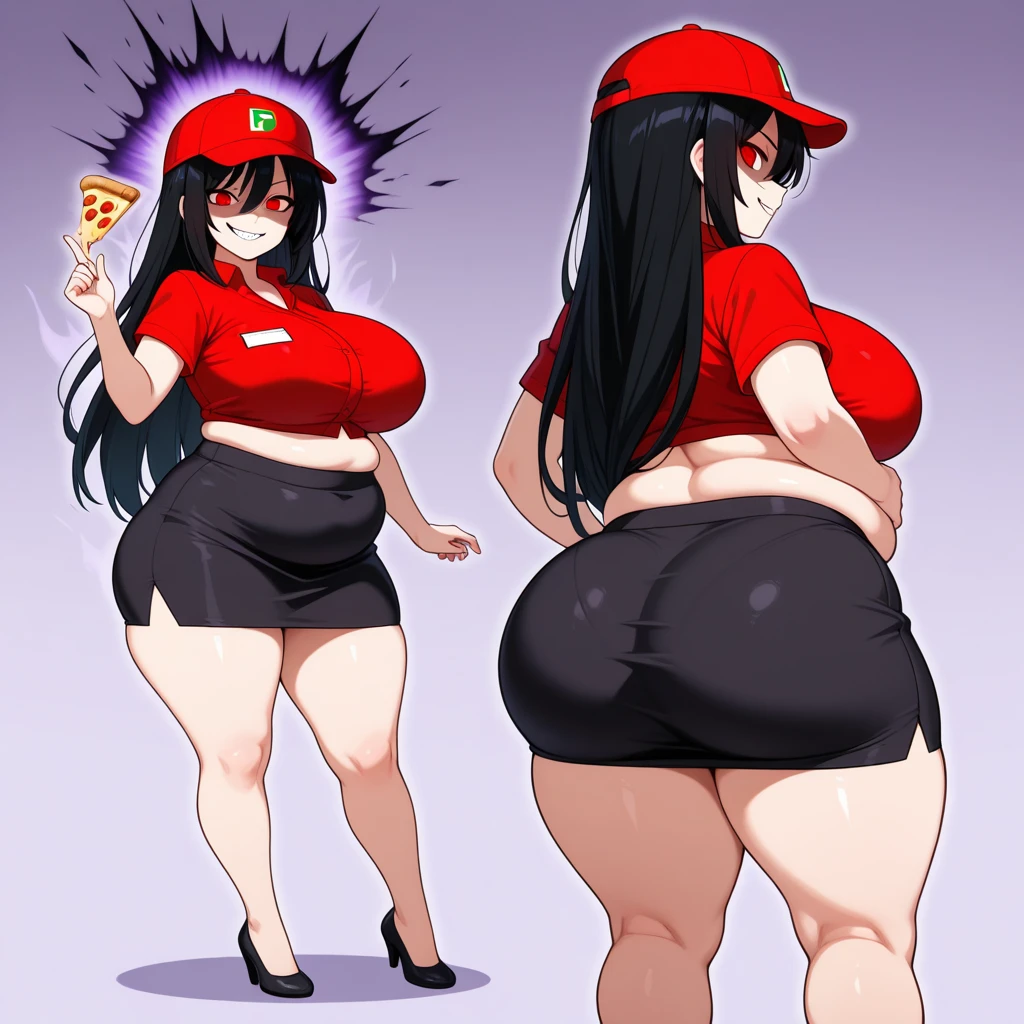 calidad superior, Obra maestra, Ultra high resolution,Anime illustration of an anime girl wearing a sexy pizza delivery girl outfit, she is knocking on the door of a house to deliver a pizza and she has huge tits