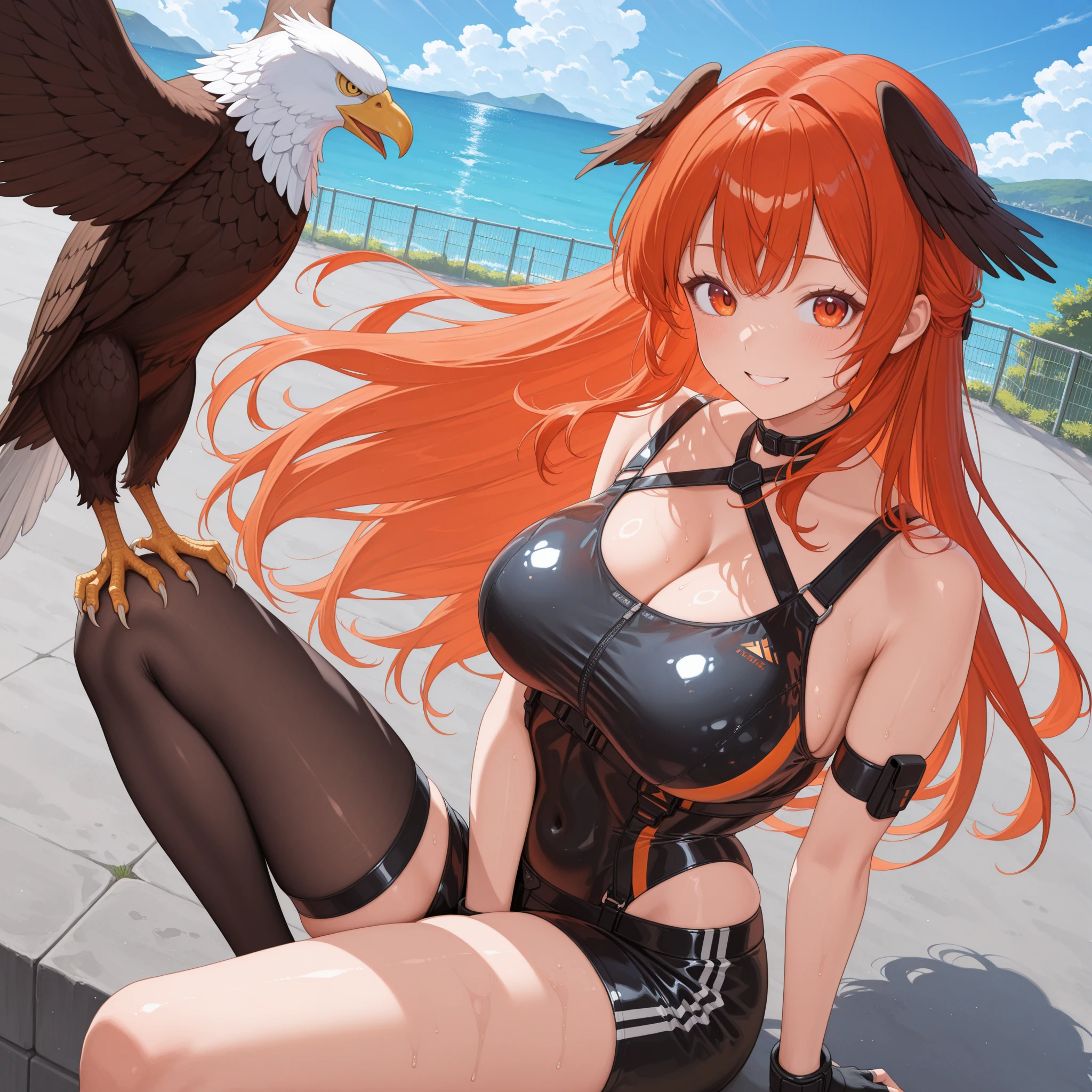 ((giantess)), 1 rapariga, bikini, Coastal city, Woman destroying a city, Big cities, Glass building, Pleasure, Long legs, Sweat, Falling sweat, giga giantess, blue sky, bikini, hugebreast, Curvaceous, Bikini showing off cleavage, Background of the metropolis, fullbody, Destroyed City, Dust, anime, best quality, masterpiece, highres