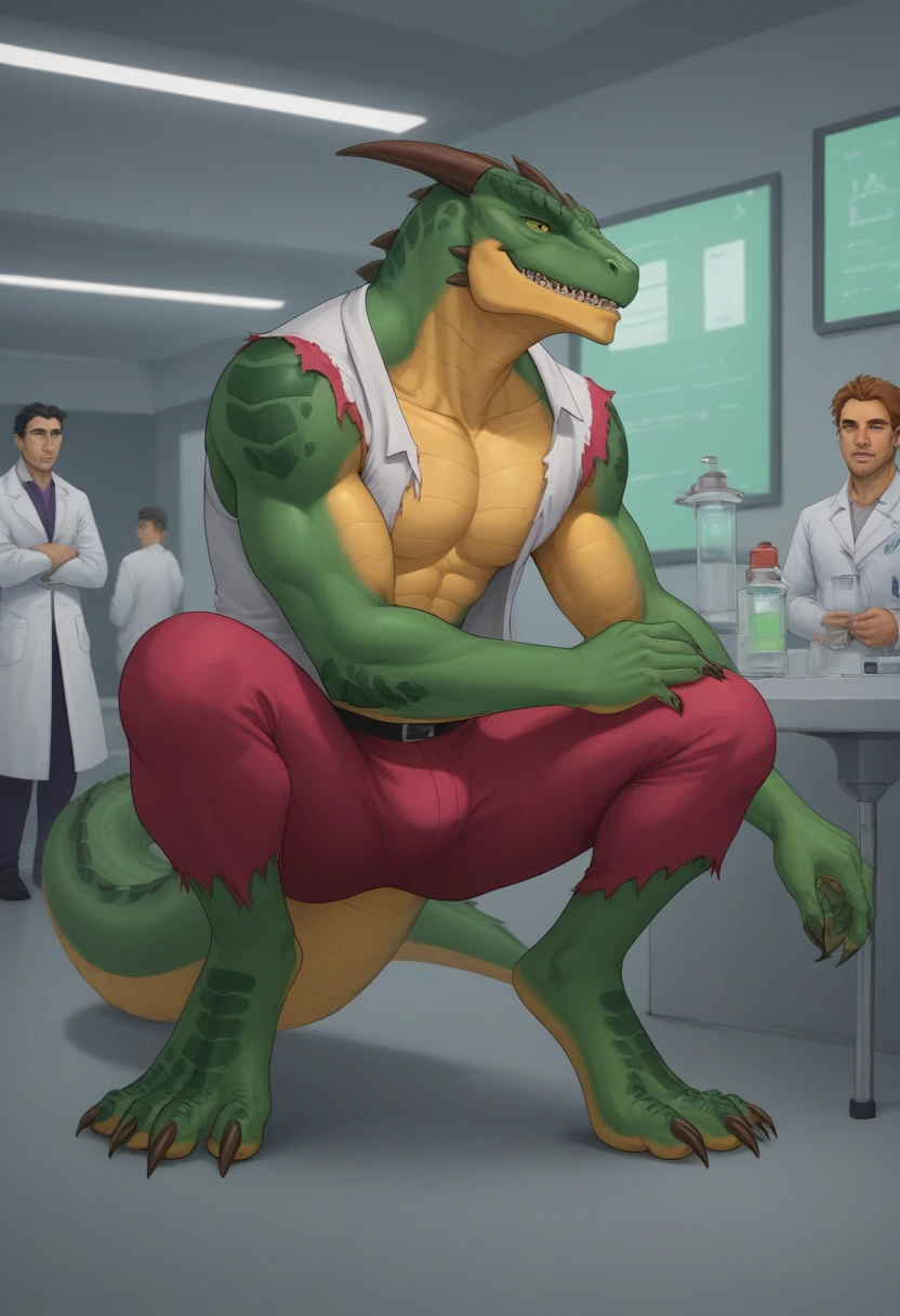 A male, fat, large, naked, extremely obese, doctor Crocodile, with a giant hyper penis and nipples, large testicles, Large Crocodile is ejaculating an extreme amount of sperm from the penis with immense pleasure, Large Crocodile is wearing glossy light-blue rubber gloves on the hands around the wrists, wearing glossy light-blue rubber gloves on the feet around the ankles, Large Crocodile is wearing a thick glossy black leather dog collar around the neck, Large Crocodile is wearing a glossy white lab coat, Large Crocodile is wearing a lab coat and black leather dog collar at the same time, thick black dog collar is rubber in texture, light-blue gloves are rubber in texture, sperm is sticky in texture, Large Crocodile is clutching penis with hand, rubbing penis with hand, clenching teeth, orgasm face, evil grin, rubber gloves go up to the wrists, rubber gloves go up to the ankles, lab coat is rubber in texture, lab coat and dog collar are worn at the same time. A second male doctor Crocodile with a penis and biceps wearing light-blue rubber gloves and a thick leather dog collar around the neck helping the larger doctor Crocodile ejaculate extreme amounts of sperm from the penis, second doctor Crocodile is wearing a glossy white lab coat and leather dog collar at the same time, second doctor Crocodile is rubbing the larger doctor Crocodile's penis, second doctor Crocodile is shoving his penis inside the larger doctor Crocodile's penis, second doctor Crocodile is examining the larger doctor Crocodile's penis, second doctor Crocodile is shoving his penis into the opening of the larger doctor Crocodile's penis, second doctor Crocodile stroking the larger doctor Crocodile's penis, leather collar is shiny and extremely detailed, gloves are rubber in texture and extremely detailed, penis has a large vein, larger doctor Crocodile is having his penis pampered by the second doctor Crocodile, second doctor Crocodile is examining the larger doctor Crocodile's penis by rubbing it.