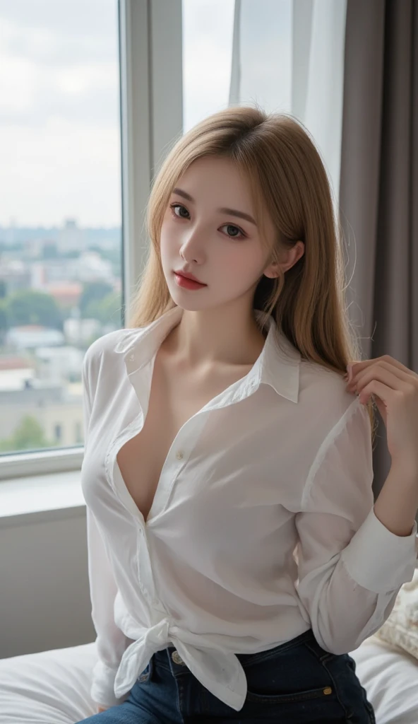 (blush face), (shiny skin), 16 year cute girl, (((see-through white shirt))),(medium breasts), ((overgrown)), Masterpiece, ((standing)), from front, (cleavage), abs, gray hair, arm up