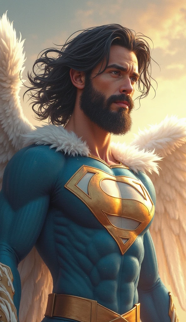((Inspired by Joe Jusko)), American comics, Super hero, In the city sky, Male angel, Beams of light enveloped his body, Feather wings spread, muscular, beard, Delicate eyes, Strong gaze, Textured Skin, cloud, movie lighting, glare, Photon Mapping, Physically Based Rendering, masterpiece, best quality, Intricate details, Fantasy Art, 