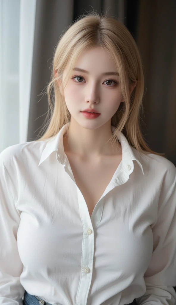 real、( face, virgin face, masterpiece, 1 Girl, Very detailed, Fine skin, White skin, Lighten up the subject, Movie Light, beautiful face, Beautiful Eyes, Lip gloss), (((Ash Blonde Hair)))、((Short Bob))、((school uniform))、open shirt、Emphasize the cleavage、Blunt bangs,blue eyes, (((large natural breasts))), ((full body))、Sitting a bed、from the front
