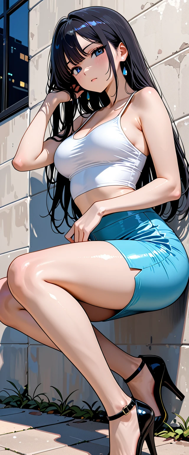 art future anime. bird'perspective, 老朽化した家の椅子にsit with legs apart汚い女性, wet messy hair above the eyes, Detailed bodycon shirt and short pleated skirt. big ship, close-up landscape, hurt. written by hand, cinematic lighting, very detailed. white, Brown, red. perfect composition, masterpiece, highest quality, 4k, sharp focus. perfect anatomy.(((whiteいマイクロミニランジェリーセット))), (((sit with legs apart)))