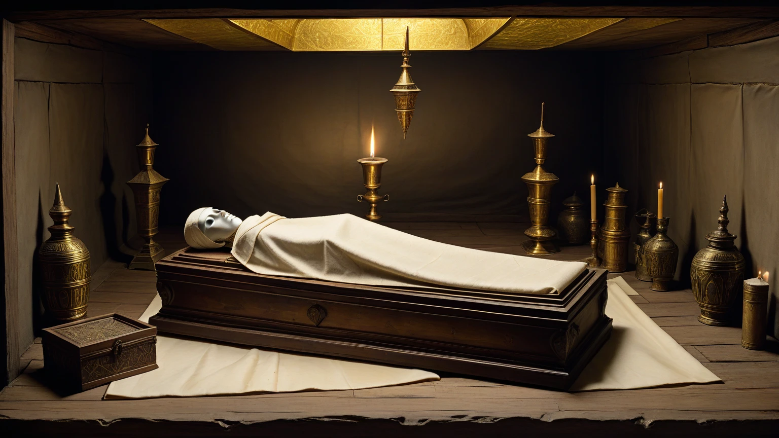 moisés, sacred leader of the people, lies in a simple wooden coffin, wrapped in white linen as a symbol of purity and peace. your followers, a diverse group of men and women of different ages and backgrounds, gather around the coffin in a quiet place lit by soft candlelight.
Each of the followers reflects a mixture of sadness and reverence on their faces., seus olhos fixos no rosto sereno de moisés. Some hold small candles, whose flames flicker in a serene rhythm, while others hold sacred symbols and ancient scriptures.
The environment is permeated with a solemn silence, which is interrupted only by the occasional whisper of a prayer or the faint sound of footsteps on the stone floor. O ar está carregado de uma sensação de despedida e ao mesmo tempo de celebração da vida e do legado de moisés.
As the ceremony continues, followers share stories and memories, relembrando os ensinamentos de moisés que moldaram suas vidas e guiaram suas jornadas espirituais. É um momento de conexão profunda entre aqueles que compartilham uma fé comum e que foram tocados pela presença e liderança de moisés.
Por fim, As the sun sets on the horizon, followers say goodbye silently, levando consigo não apenas a memória de moisés, but also a renewed commitment to live by the principles he taught. O caixão de moisés permanece como um símbolo de sua passagem deste mundo, while his teachings continue to inspire and guide those who faithfully followed him.