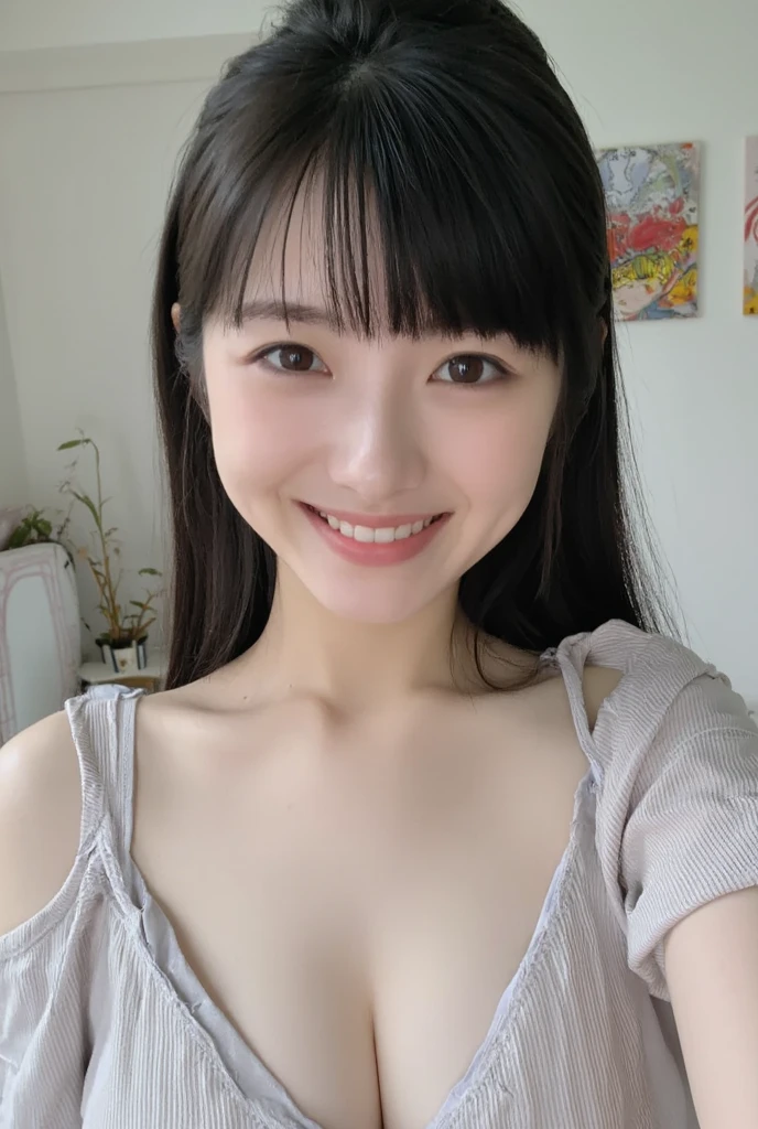 ((top-quality、8K、​masterpiece:1.3))、1girl in、Apron naked、very beautiful face、Beauty of slim abs:1.3、(Casual Hairstyles、huge tit:1.2)、Apron naked:1.1、an ultra-Small Face、A detailed eye、二重まぶた、a smile、kitchin、focus、cleavage of the breast、teats, very big breast, nsfw, 