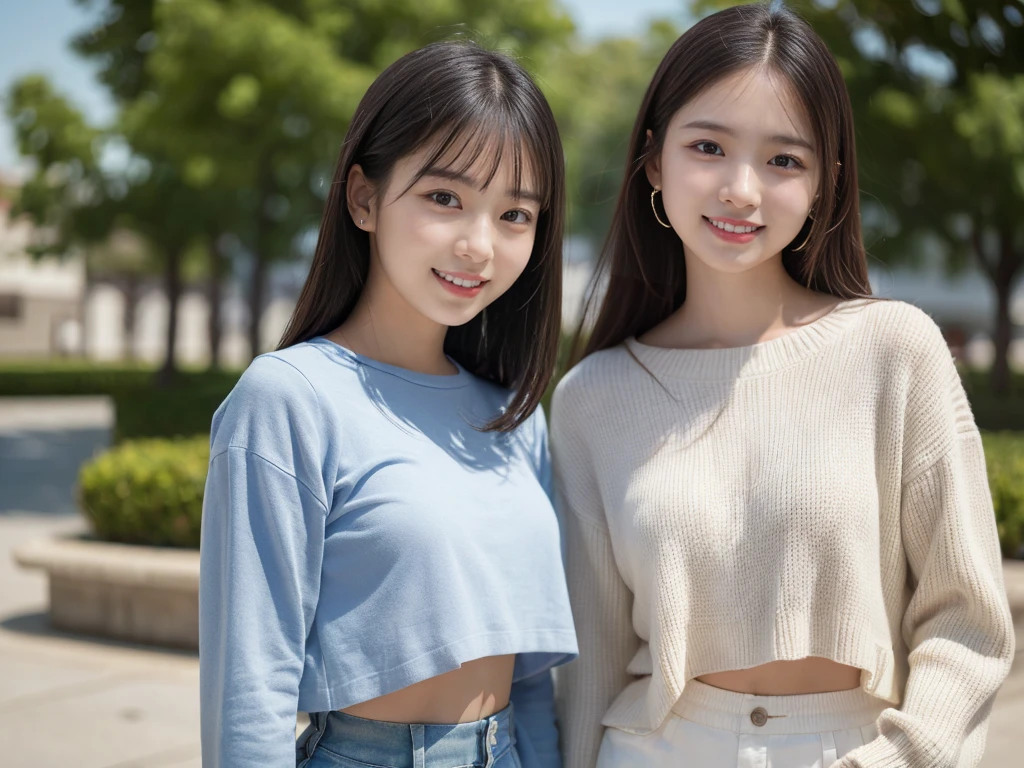 3 Korean women dancing on the grassland, (masterpiece, beautiful people, polluted smile), virtual youtube, but their eyes are firm and hopeful, behind them is blue sky, ponytail, fringed head, shorts, long pants, detailed skin texture, detailed cloth texture, exquisite and detailed face, masterpiece, slender waist, slim body, the camera is shot from a distance