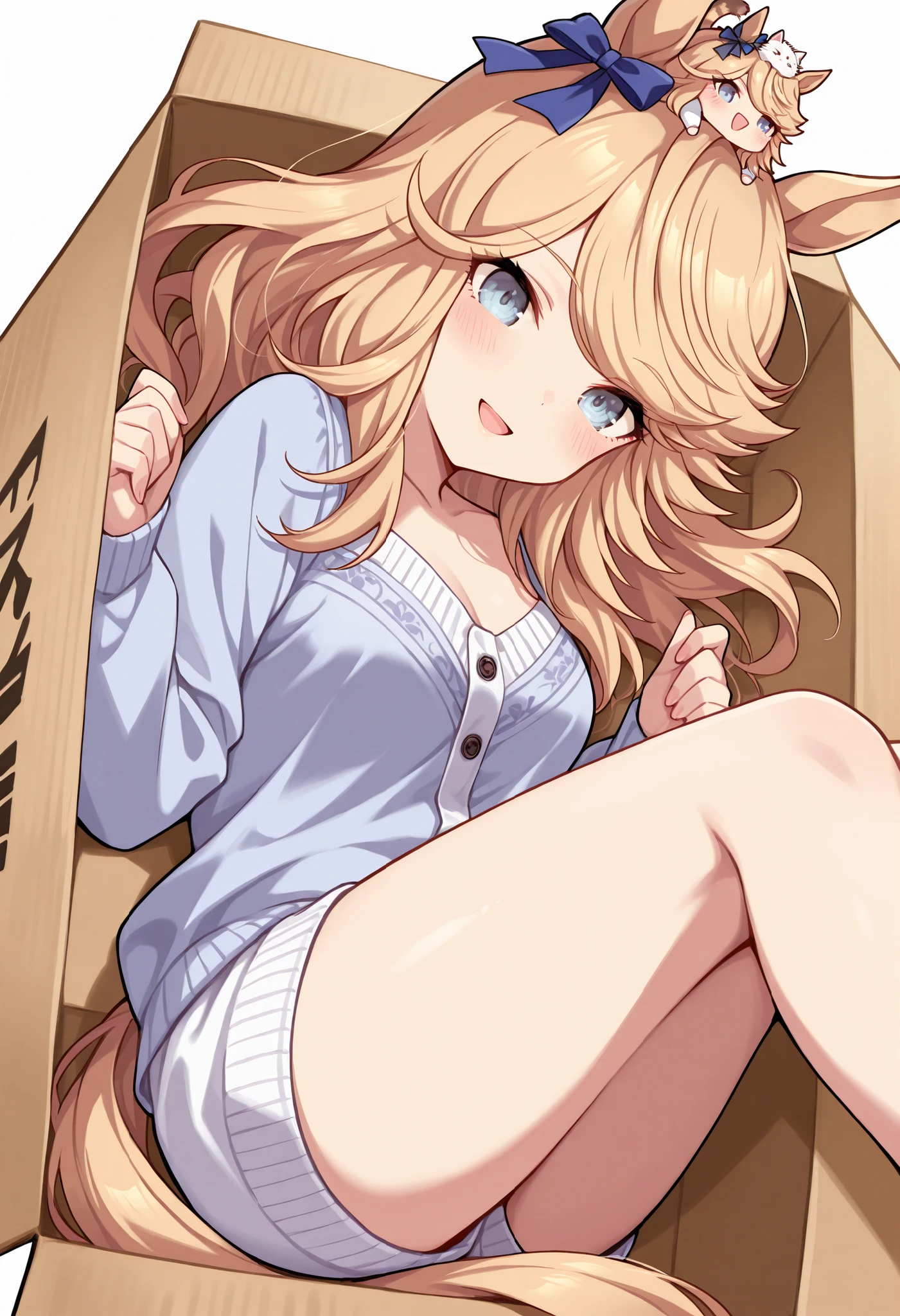 (((chibi))), (masterpiece, best quality, perfect face:1.4), wide angle, gold city \(umamusume\), 1girl, floating hair, horse ears, horse tail, tail on the lower back, proportional body, proportional, beautiful hair, beautiful face, beautiful detailed eyes, beautiful clavicle, beautiful body, beautiful chest, beautiful thigh, beautiful legs, ((cat on top of head)), lying in cardboard box, box labeled "umazon", BREAK, blush happy smile (open mouth), white background,
