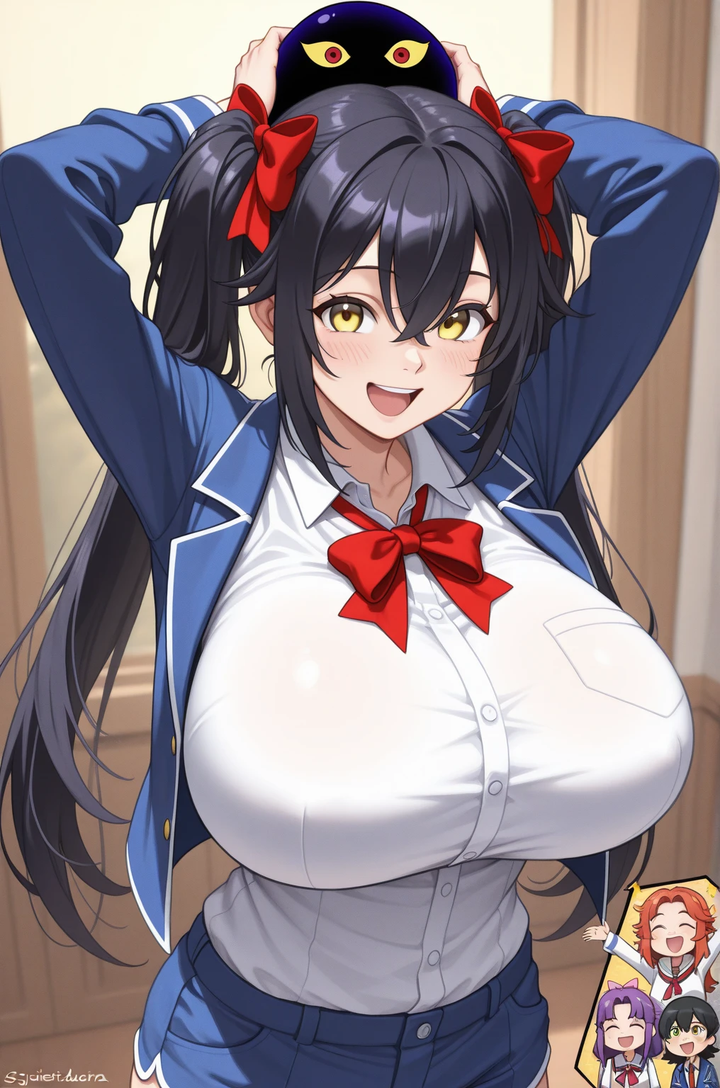 (2000's anime, anime screencap, cel shading, high resolution, clean brush stroke, masterpiece, best quality, highly detailed, NSFW), class room background, public indecency, full body, 1girl (solo:1.5), mature female, eyebrows visible through hair, twintails purple hair, yellow eyes, open eyes (beautiful detailed eyes:1.0), look at viewer (caring look:1.4), smile, open mouth (put out tongue:1.5), animal collar, tied blouse (open blouse:1.3), white stand collar shirt (folded sleeves:1.5), belly chain, jewelry, gold necklace, gold bracelet, nail polish, light yellow leopard print micro bikini (areola slip:1.3), underboobs, sidelocks, navel piercing, gigantic breasts (alternate breast size:1.5), natural sagging tits (long tits:1.5), wide areola (ebony areola:1.5), highly detailed areola (glands of montgomery:1.5), narrow waist, small ass, belt, navel, short skirt (Pleated short skirt with plaid pattern on red background:1.5), dark grey pantyhose, garter belt (skindentation:1.2), brown loafers, spread legs, narrow thighs, skinny legs, tiptoes, underwear, cleavage, female masturbation (crotch rub:1.0), pussy juice, thigh strap, used condom belt,