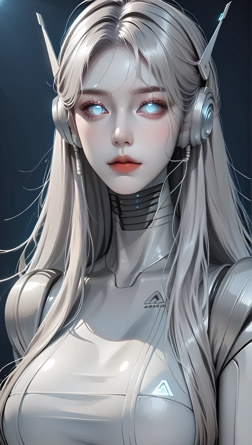 1girl, (long platinum blonde hair), (white skin), <lora:Concept_CTRobotv23:0.7> mechanical_parts, android, digital-eyes, blue eyes, android, cannyrobotstyle, viewer looking up from below,, score_9, score_8_up, score_7_up, score_6_up, score_5_up, score_4_up, <lora:GRIM_v1:1.5> chaotic, horror (theme), monochrome