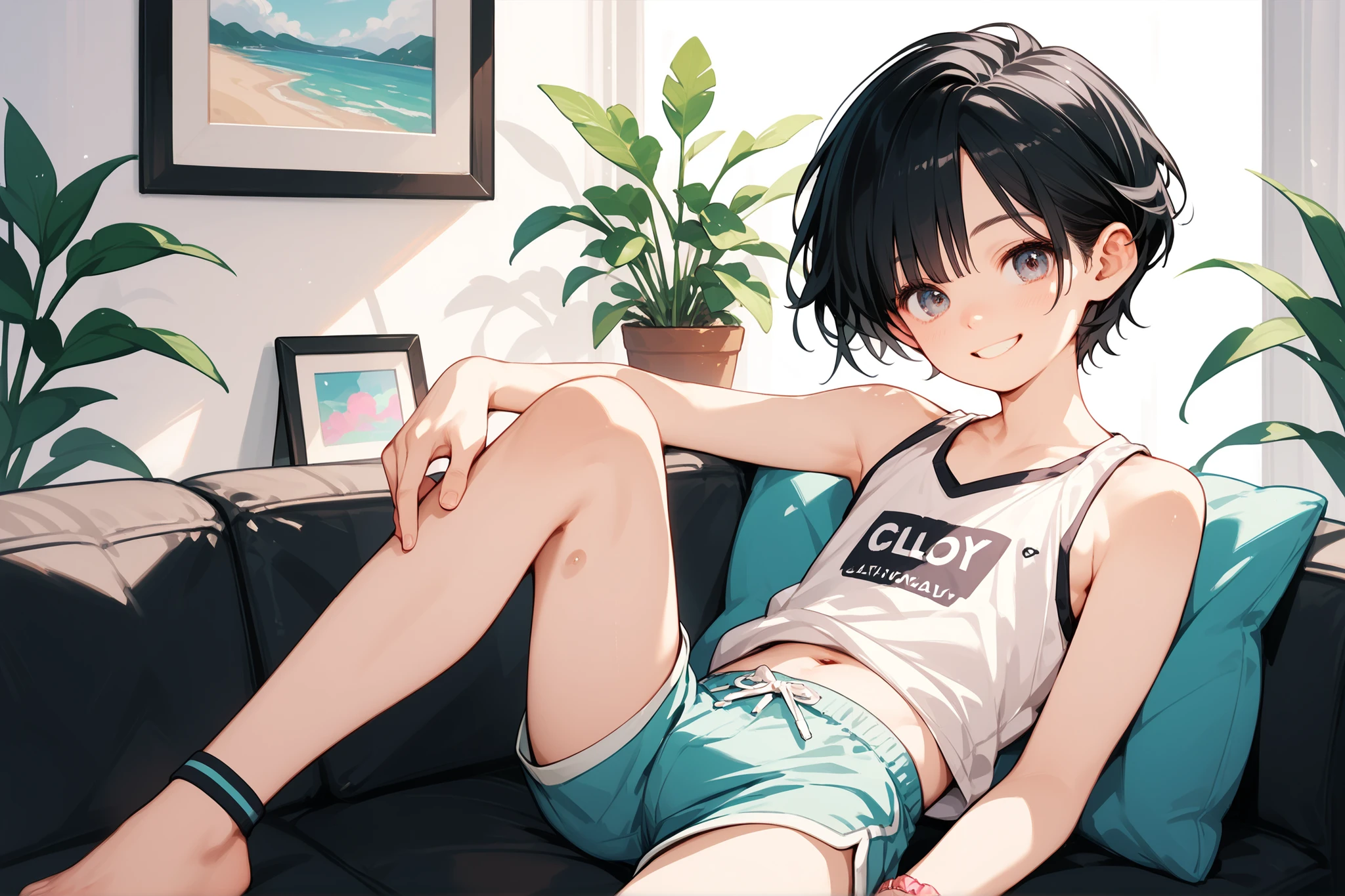 (Pretty boy), young boy, smiling, (short hair, black hair), pastel colored loungewear, shorts, sitting on sofa, looking at viewer, perfect anatomy, cowboy shot,