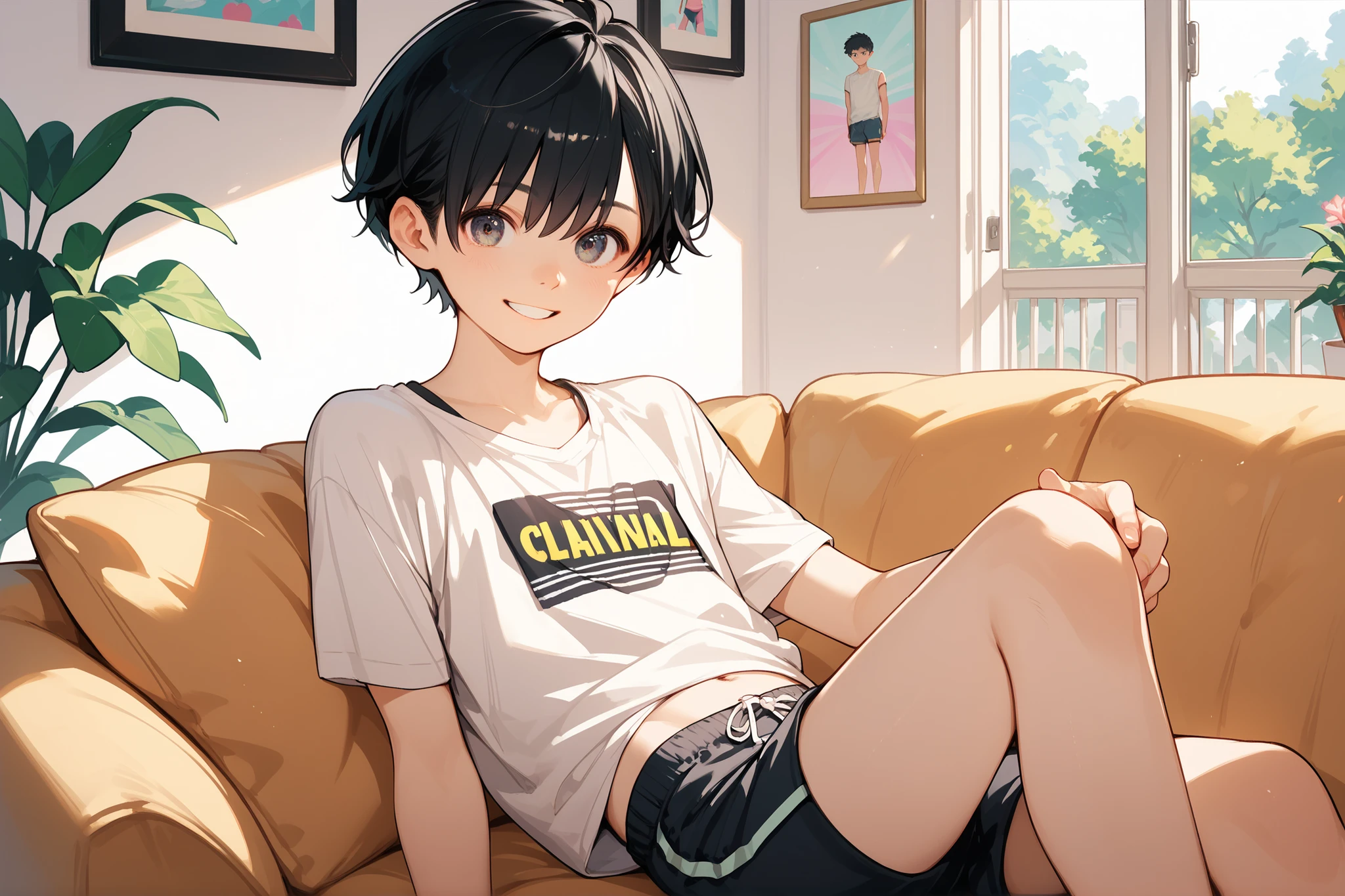 (Pretty boy), young boy, smiling, (short hair, black hair), pastel colored loungewear, shorts, sitting on sofa, looking at viewer, perfect anatomy, cowboy shot,