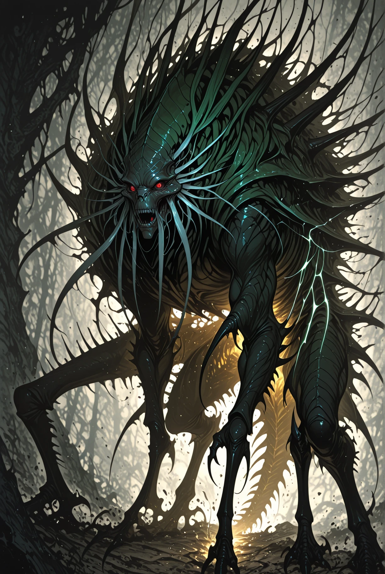 A creepy cryptid inhabiting abandoned, decaying ruins. It has the gaunt, elongated body of a large canine, with patches of mangy fur and exposed, skeletal structures. Its eyes are hollow, glowing with an eerie green light, and it has a mouth filled with jagged, uneven teeth. The creature moves with a ghostly grace, its long limbs making no sound as it navigates the rubble. Its tail is long and whip-like, used to sense vibrations in its surroundings. The creature’s skin is covered in fungal growths, giving it a sickly, decayed appearance, and it emits a faint, unearthly howl that chills anyone who hears it.
