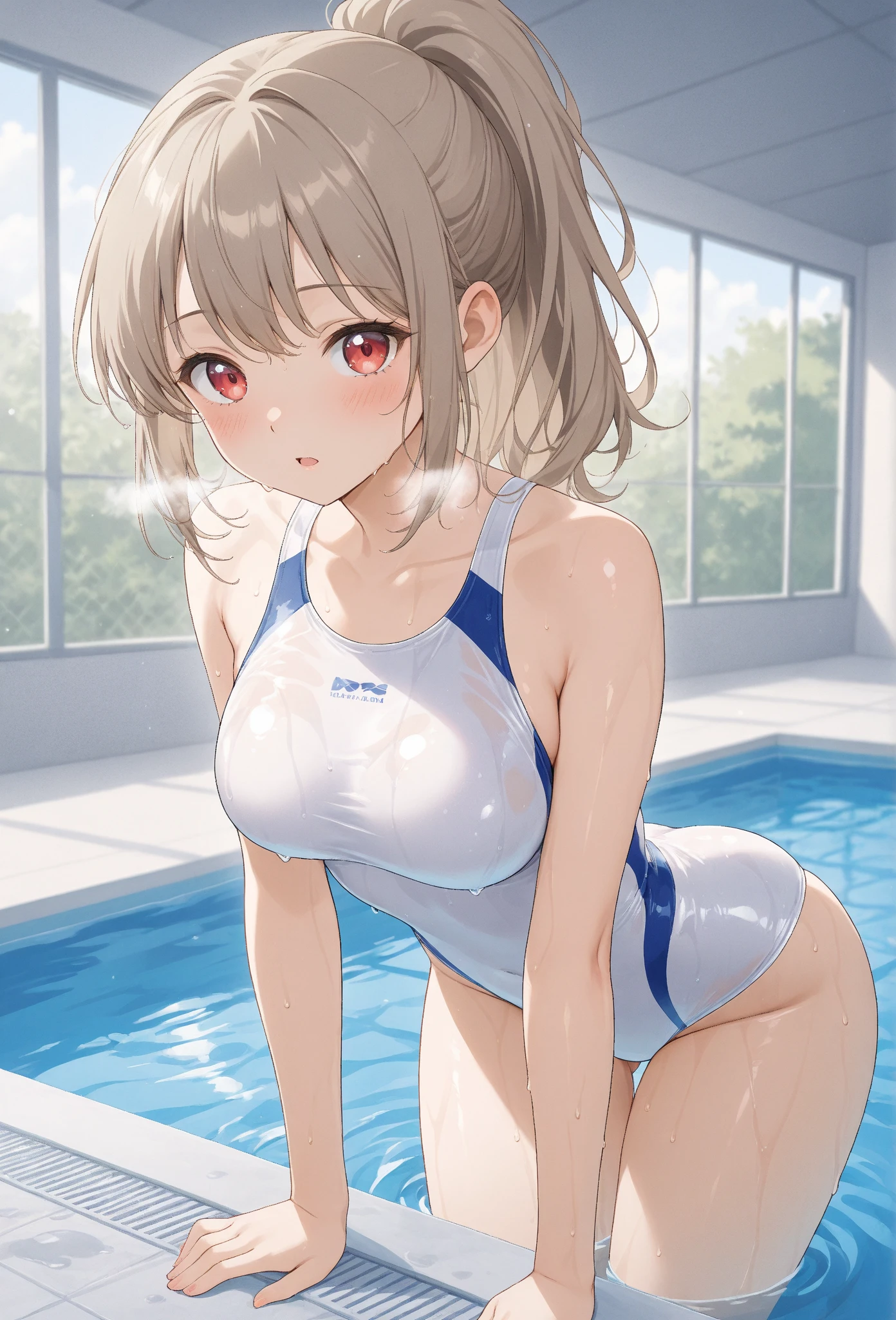 Cute little beautiful girl、Budding breasts、School swimsuit、A sweet and adorable blush、Beautiful Eyes、Brown skin、Braid、