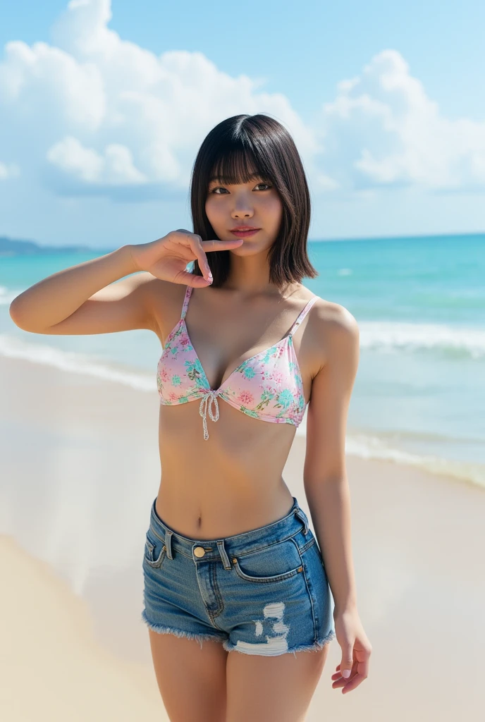 (Bikini with blue stripes, Beach:1.3), (Natural light:1.3), 8k, RAW Photos, Highest quality, masterpiece, Realistic, photo-Realistic, clear, Beautiful Face, No makeup, Highest quality, Ultra-high resolution, break, Cute Japanese Girls, 14 years old, (Shortcuts:1.2), smile, Are standing, break, (Iris, Black Hair:1.2)