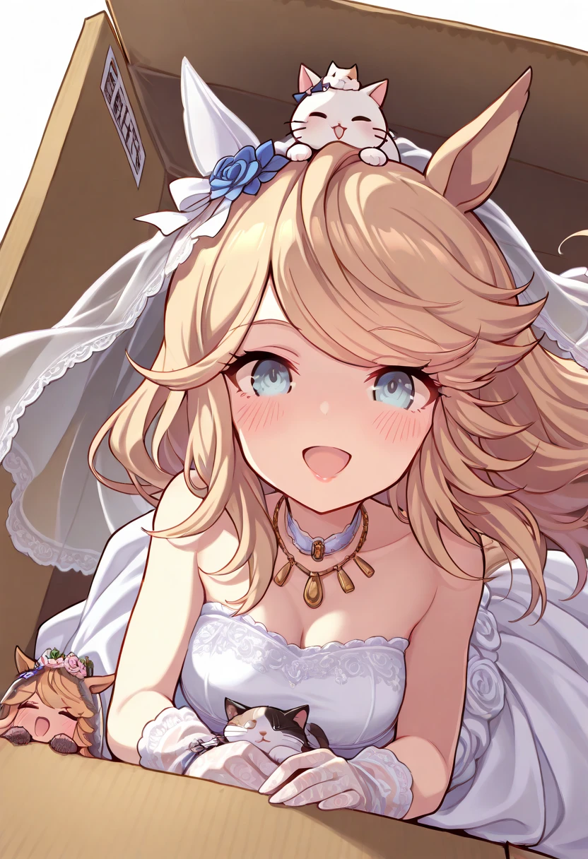 ((((chibi)))), (masterpiece, best quality, perfect face:1.4), wide angle, silence suzuka \(umamusume\), horse ears, ear cover, white headband, small breasts, horse tail, tail on the lower back, proportional body, proportional, (1 girl), beautiful hair, beautiful face, beautiful detailed eyes, beautiful bride wearing beautiful wedding dress, (bridal veil:1.5), (Transparent short veil:1.5), (tube top wedding dress:1.5), (Silk dress:1.2), (Strapless wedding dress:1.5), pure white dress, necklace, lipstick, (lace gloves:1.5), long white dress, ((cat on top of head)), ((lying in cardboard box)), box labeled "umazon", BREAK, blush happy smile (open mouth), white background,