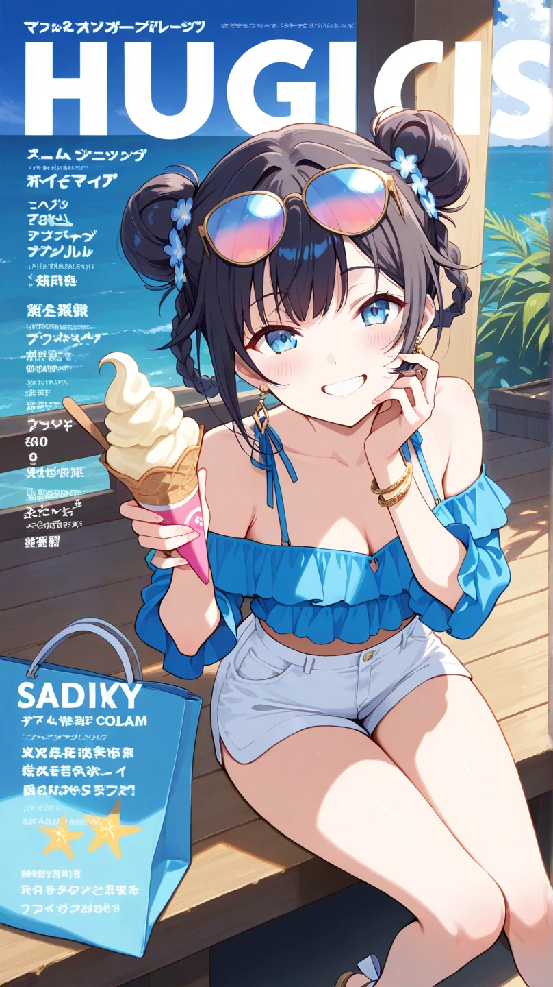 cover page, Hawaii's tourist magazine, highres, top quality, best quality, paid reward available, unparalleled masterpiece, perfect artwork, absurdres(angelic cute 1girl, cat girl)perfect anatomy, best pose as a subject, Wet skin, water droplets, smile, playing in the water, seashore, Palm tree, Swim suit, pareu, twilight, concept, camera angle, good lighting,