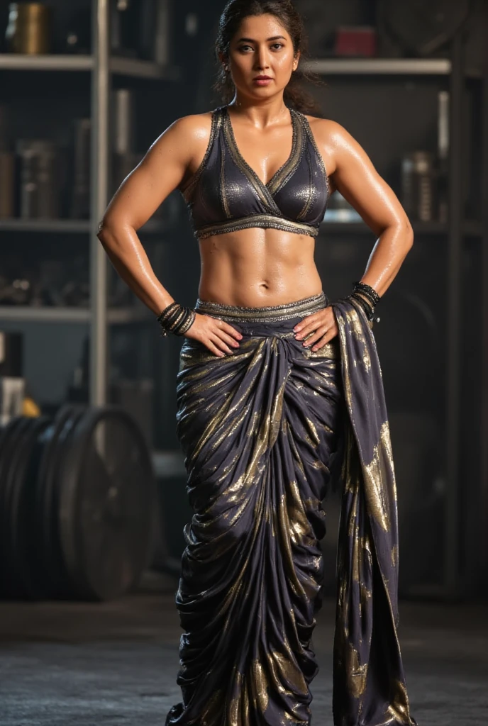 pavna, 50-year-old, indian, ifbb, mature allure, (shimmering sheer skirt), (intricate iridescent bikini bottom), dark skinned, white hair, thick lips, shiny gold sari top