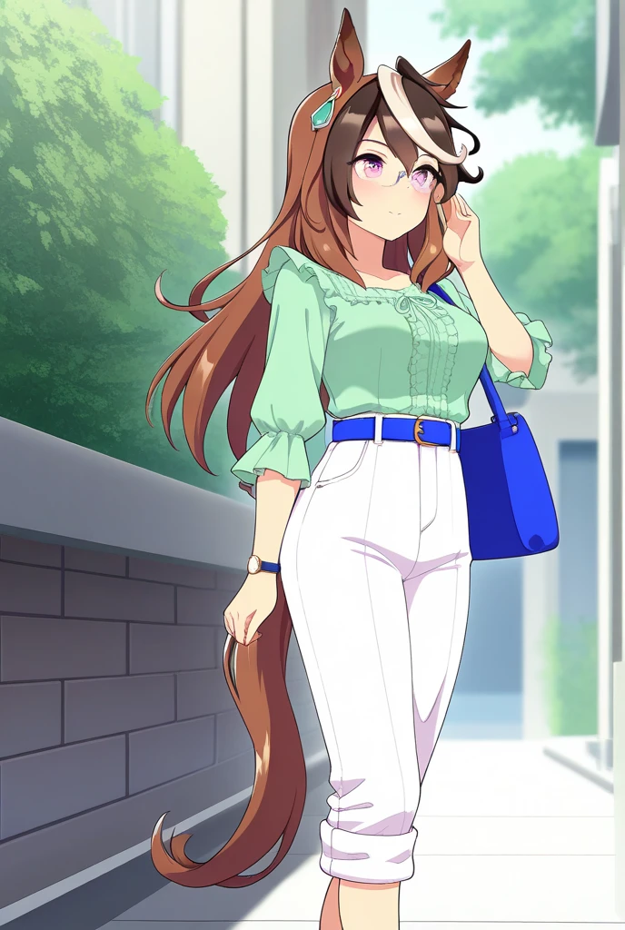 score_9, score_8_up, score_7_up, 2D, anime BREAK
casual_clothes, 1girl, solo, long hair, looking at viewer, brown hair, shirt, animal ears, jewelry, standing, purple eyes, tail, full body, white hair, multicolored hair, earrings, shoes, glasses, alternate costume, belt, pants, bag, streaked hair, (brown footwear:1.3), horse ears, horse girl, casual, horse tail, single earring, handbag, shoulder bag, white pants, green shirt, <lora:symboli_rudoruf-ponyXL:1>,
