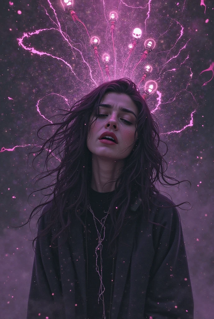 [Jenna Ortega portrait:abstract background:0.5], expressionism, violet tones, mist, smoke, digital art, muted tones, depressive, colorful background 