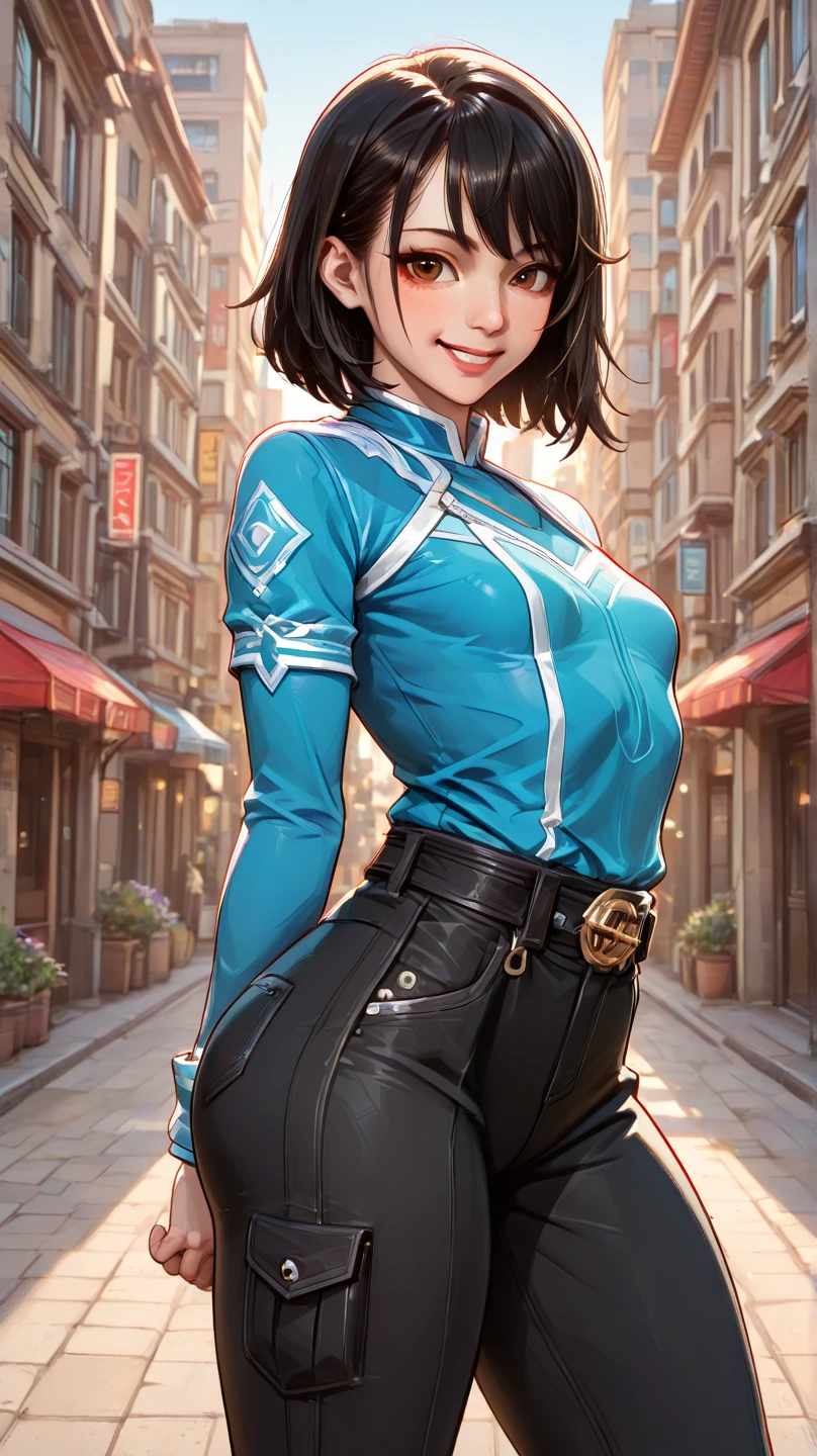 Juri Han,,viewed from the top,looking from above,staring overhead,best qualityer,blue outfit,Chun-Li,standing alone, work of art, best qualityer, agrias, gray sweater, collant preto, standing, gazing at viewer, shorth hair,the eyes,evil smile, evil gaze,black gloves,blue outfit,yandere face,poor lighting,healed thigh detailed cup,looking forward jury han,Bela,detailed hand