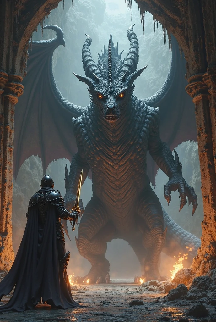 fighting a dragon, a knight in a dark cave, dramatic chiaroscuro, ultra-detailed, realistic, high resolution, sharp focus, vivid colors, kingdom's delight, horror