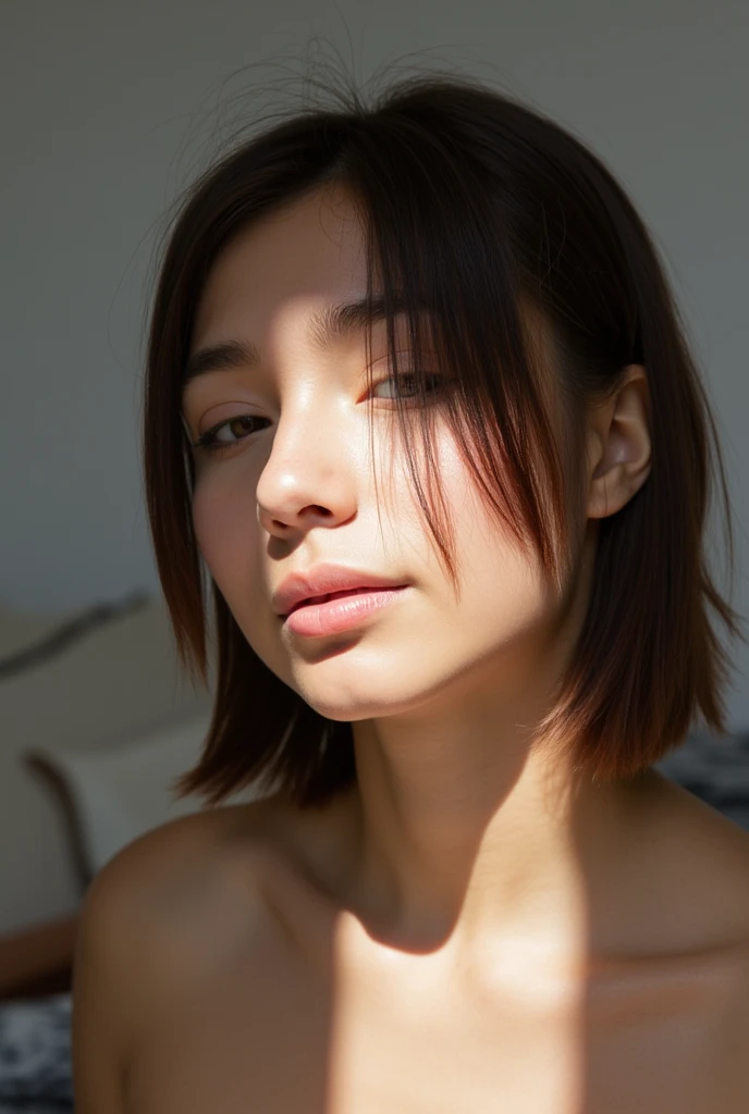 (8k, RAW photo, photorealistic:1.25) ,( lipgloss, eyelashes, gloss-face, glossy skin, best quality, ultra highres, depth of field, chromatic aberration, caustics, Broad lighting, natural shading) looking at viewer with a serene and goddess-like happiness, baby face, sagging breasts, medium breasts,  breasts, perfect , Nsfw, short hair, jujutsu kaisen, Nobara