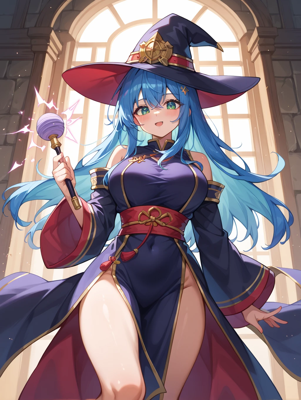 Dressed like the Dark Magician Girl from Yu-Gi-Oh!、View your viewers、A fixed look、big breasts、Emit an aura、Bad looking