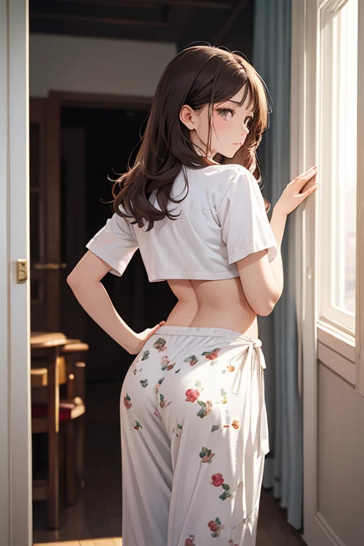 tmasterpiece，Best quality, Photorealistic， Hyper-Resolution, Ultra-realistic 8K CG，1girll，long whitr hair，Flawless face，cleavage，From behind，pantiess，Cocked buttocks
