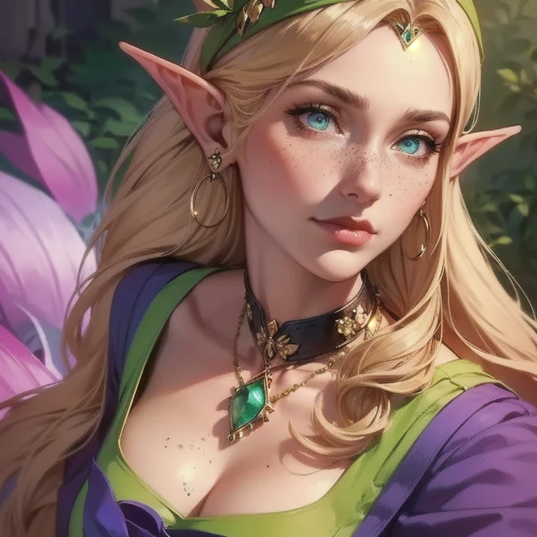 Illustration, detailed illustration, ultra-detailed, 1girl, elf, beautiful, sexy, short blonde hair, purple eyes, slave, castle background, servile posture, submissive, plain robes, medium breasts, cleavage