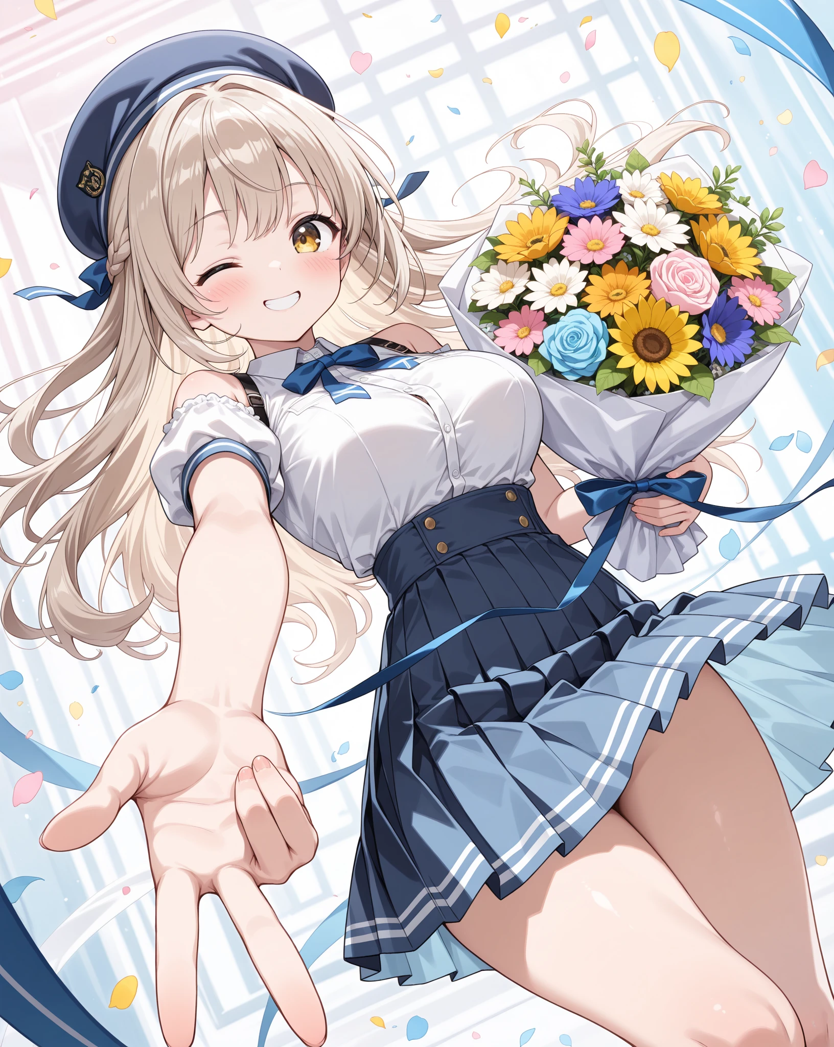 [NSFW:2.0], anatomically accurate, Absurdly High Resolution, Extraordinarily High Definition, masterpiece, highest quality, gentle smile, saint, corolla, underboob, belly button, Layered fabric with a white base, the cutest girl in the world,  Tie-up silver hair, Sunlight is strong, red cheeks, drooping eyes, long eyelashes, Xin Haichengfeng, Western-style church, Stained glass, bouquet, from below, [swimsuit:2.0]