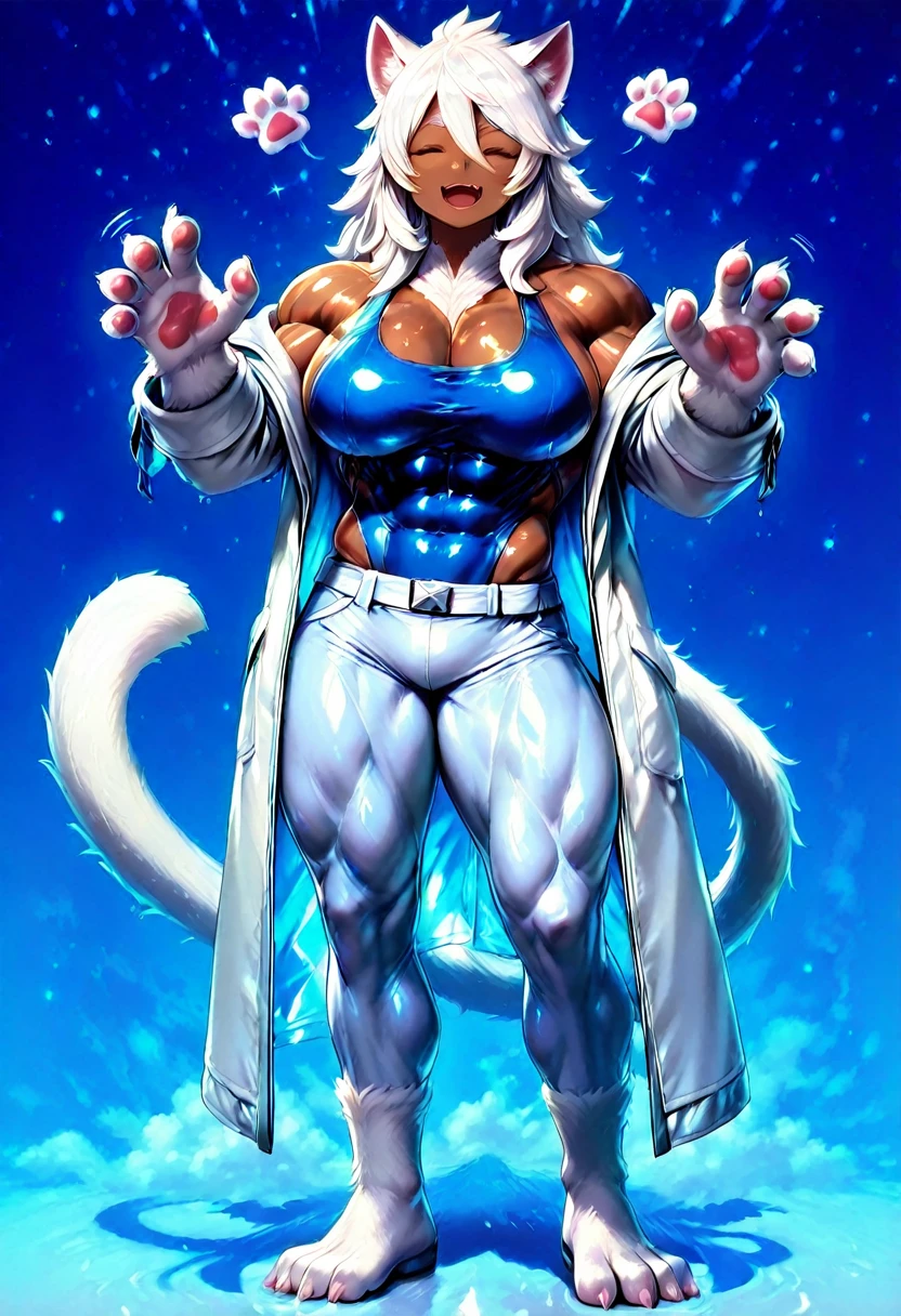 Create a catwoman with dark skin, blue hair with ponytail, blue cat tail, toned body with white energy in hands and legs, she has big breasts and thighs too, six-pack abs and muscular thighs, your breasts are covered in white energy just like your thighs