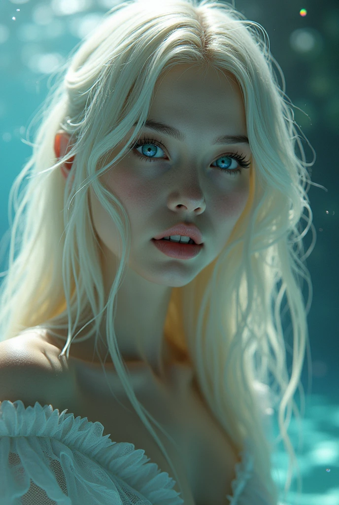 A beautiful white-haired woman, a siren with blue eyes.