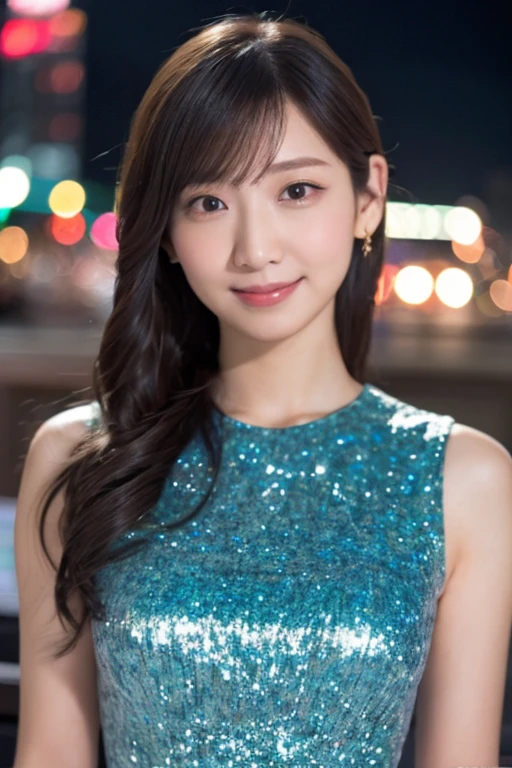 1girl,(wearing a blue glittery evening dress:1.2),(RAW photo, best quality), (realistic, photo-realistic:1.4), masterpiece, an extremely delicate and beautiful, extremely detailed, 2k wallpaper, Amazing, finely detail, extremely detailed CG unity 8k wallpaper, ultra-detailed, highres, soft light, beautiful detailed girl, extremely detailed eyes and face, beautiful detailed nose, beautiful detailed eyes,cinematic lighting,city lights at night,perfect anatomy,slender body,light smile,close up,(long hair with bangs)