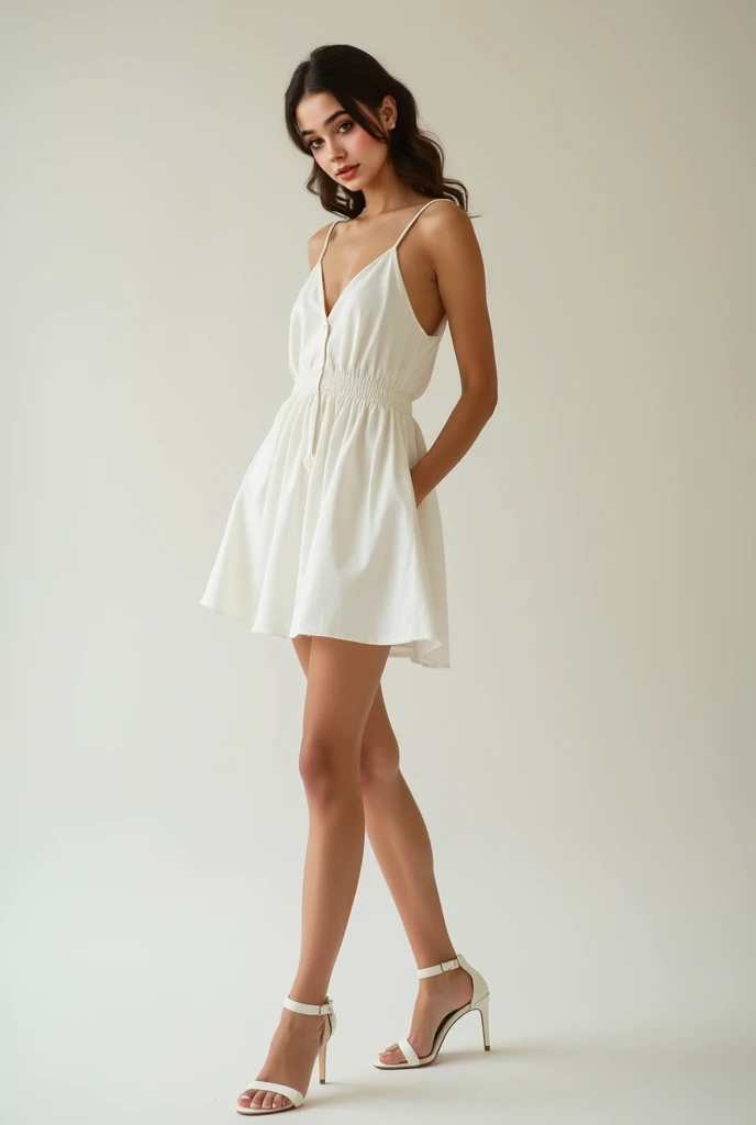 full body, Young stunning woman dreamy aesthetic characterized by a white scheme, white shoes, distressed or weathered elements, organic emphasis, and a rustic, vintage feel --ar 3:4 --style raw --v 6.0