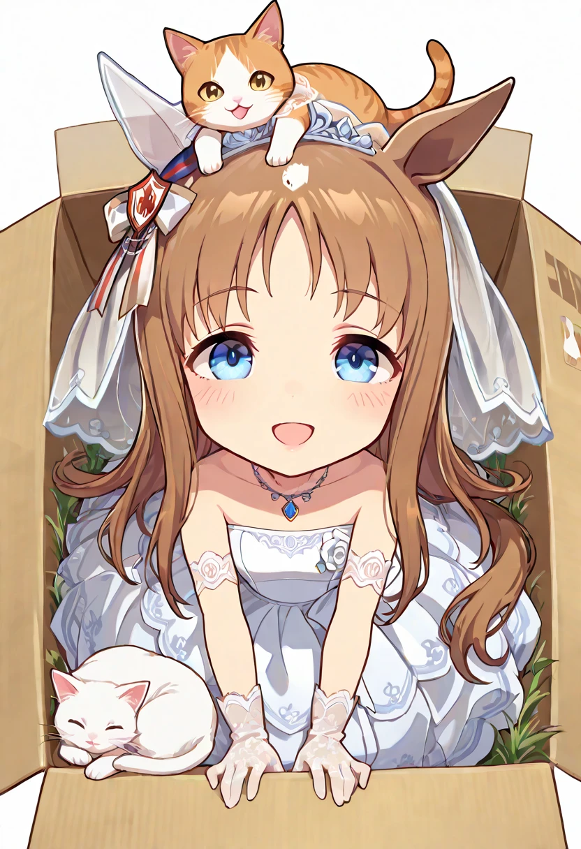 ((((chibi)))), (masterpiece, best quality, perfect face:1.4), wide angle, silence suzuka \(umamusume\), horse ears, ear cover, white headband, small breasts, horse tail, tail on the lower back, proportional body, proportional, (1 girl), beautiful hair, beautiful face, beautiful detailed eyes, beautiful bride wearing beautiful wedding dress, (bridal veil:1.5), (Transparent short veil:1.5), (tube top wedding dress:1.5), (Silk dress:1.2), (Strapless wedding dress:1.5), pure white dress, necklace, lipstick, (lace gloves:1.5), long white dress, ((cat on top of head)), ((lying in cardboard box)), box labeled "umazon", BREAK, blush happy smile (open mouth), white background,