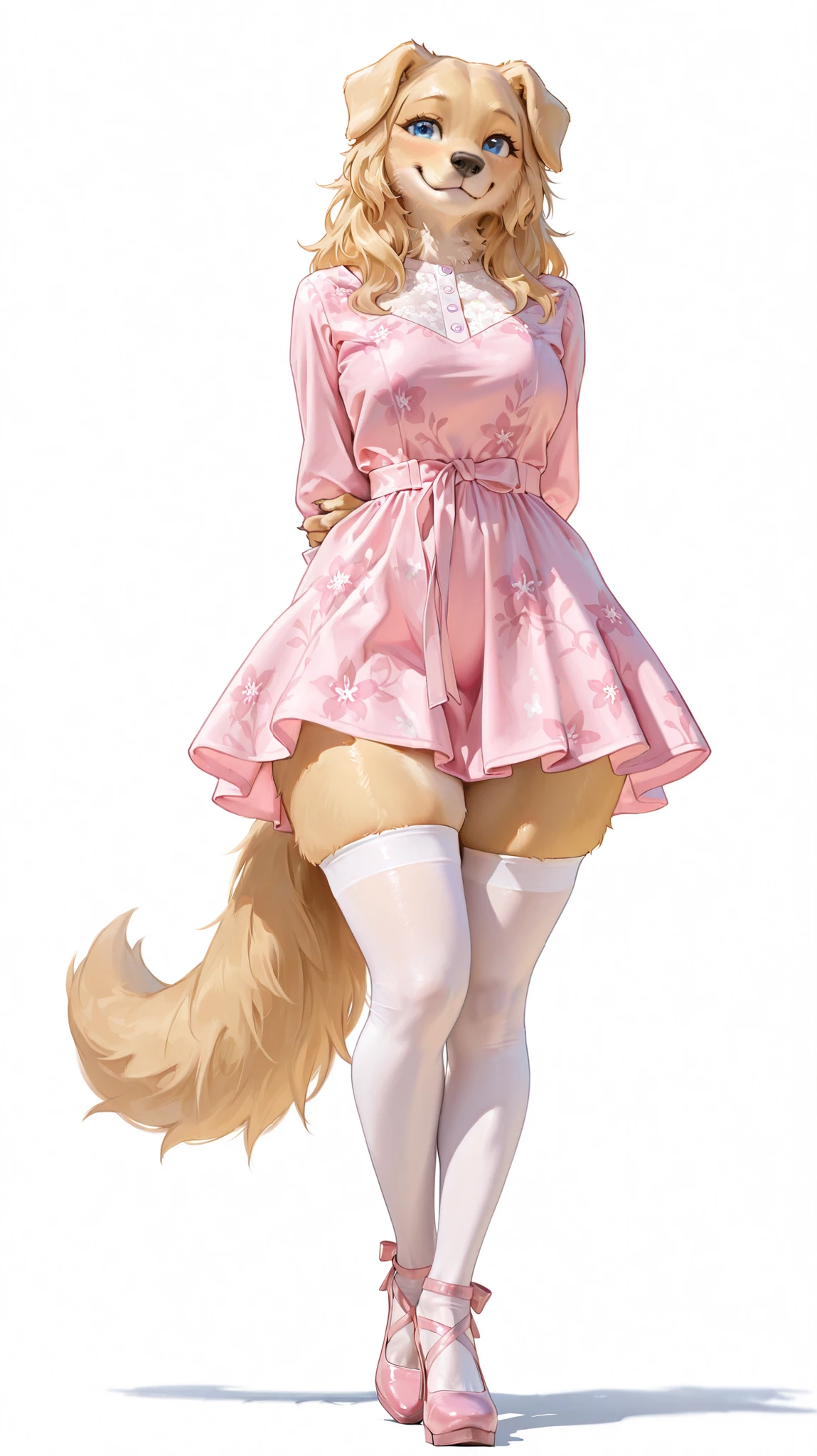 masterpiece, best quality, amazing quality, very aesthetic, high resolution, ultra-detailed, absurdres, newest, female, golden retriever, folded ears, blue eyes, :3, happy, smile, (blonde fur), paws, claws, fluffy tail, (pink heels, white thigh-highs, pink dress, floral dress), paws, claws, full body, white background, BREAK, photorealistic details, volumetric lighting, thick thighs, wide hips, hands behind back, long sleeves