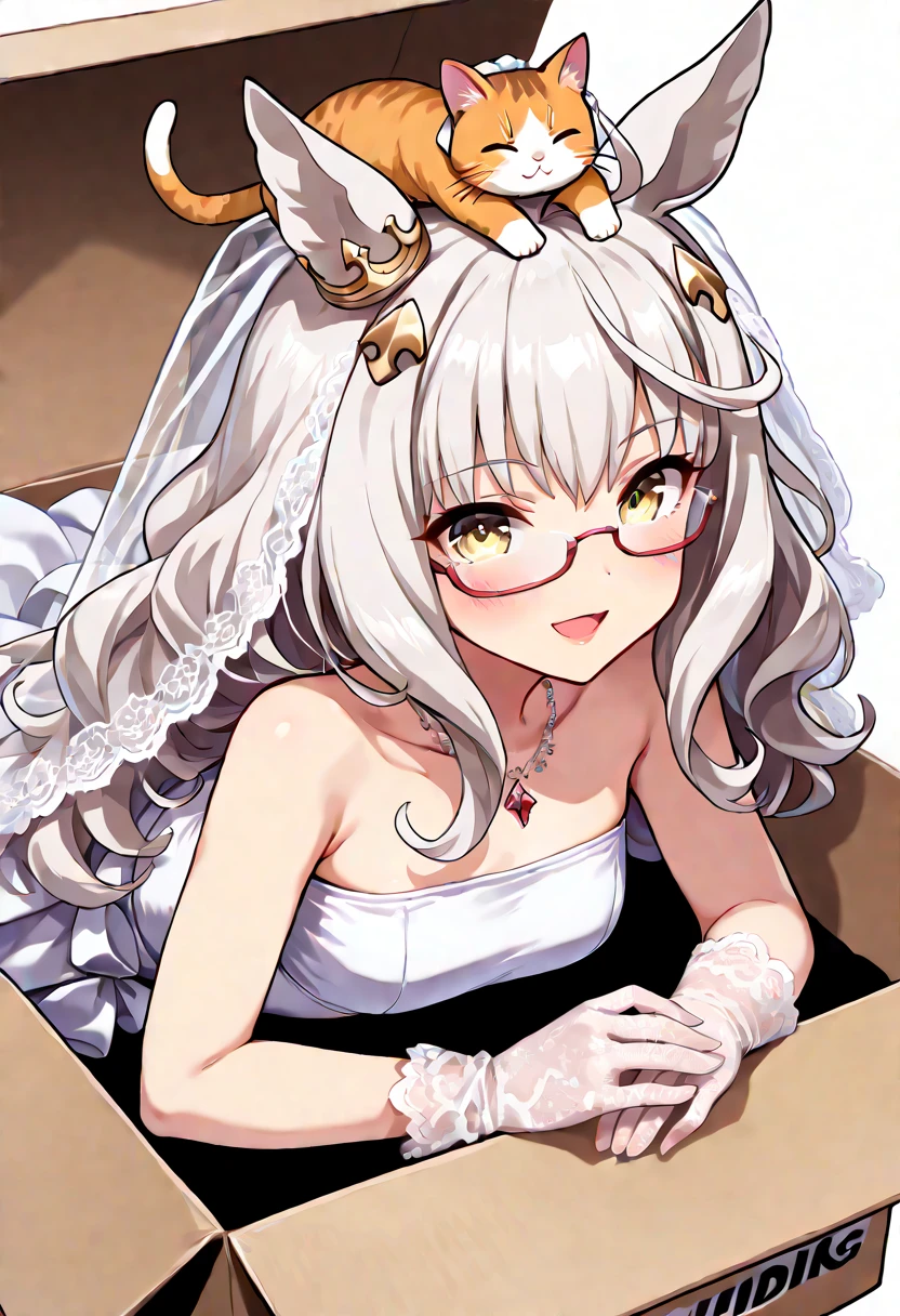 ((((chibi)))), (masterpiece, best quality, perfect face:1.4), wide angle, silence suzuka \(umamusume\), horse ears, ear cover, white headband, small breasts, horse tail, tail on the lower back, proportional body, proportional, (1 girl), beautiful hair, beautiful face, beautiful detailed eyes, beautiful bride wearing beautiful wedding dress, (bridal veil:1.5), (Transparent short veil:1.5), (tube top wedding dress:1.5), (Silk dress:1.2), (Strapless wedding dress:1.5), pure white dress, necklace, lipstick, (lace gloves:1.5), long white dress, ((cat on top of head)), ((lying in cardboard box)), box labeled "umazon", BREAK, blush happy smile (open mouth), white background,